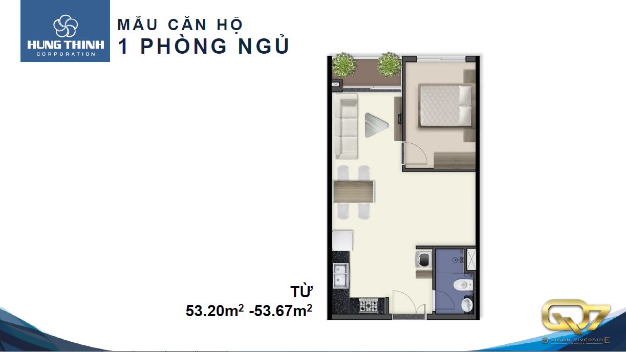 Thiết kế căn hộ 1 phòng ngủ Q7 SaiGon Riverside Complex