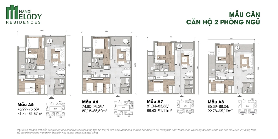 Thiết kế căn hộ điển hình 2 phòng ngủ 2 WC Hà Nội Melody Residences
